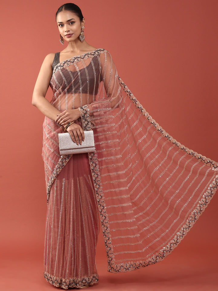 Neerus Pink net embroidered saree - detail view 1
