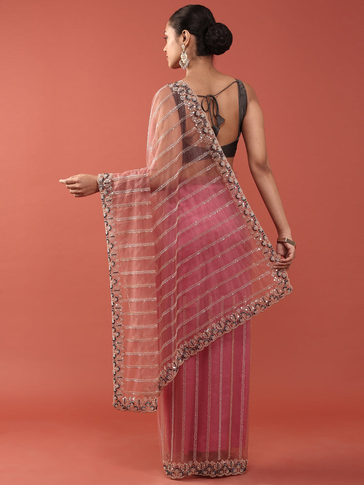 Neerus Pink net embroidered saree - back view