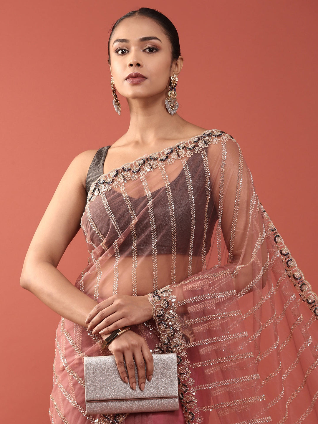 Neerus Pink net embroidered saree - side view