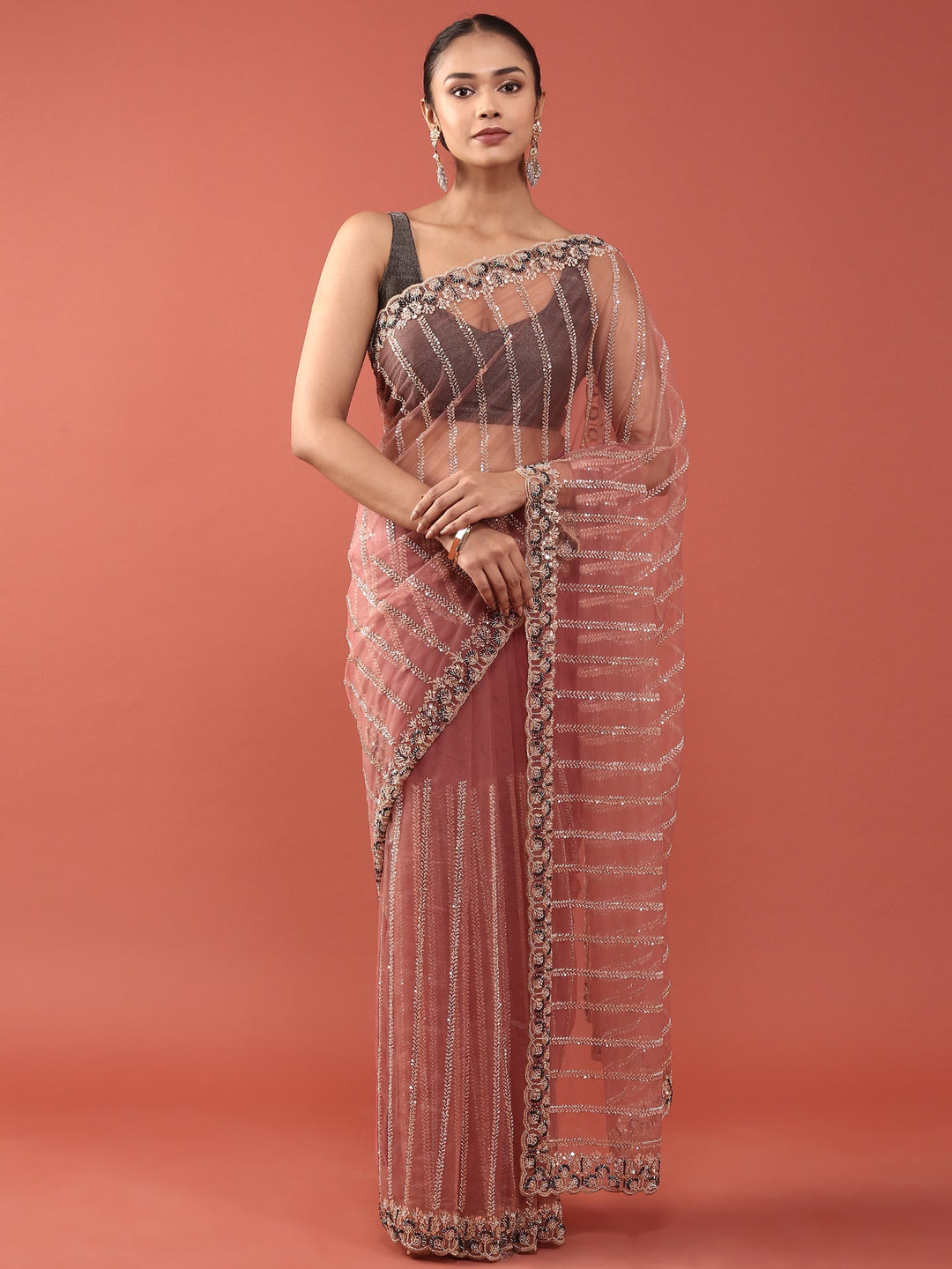 Neerus Pink net embroidered saree - front view