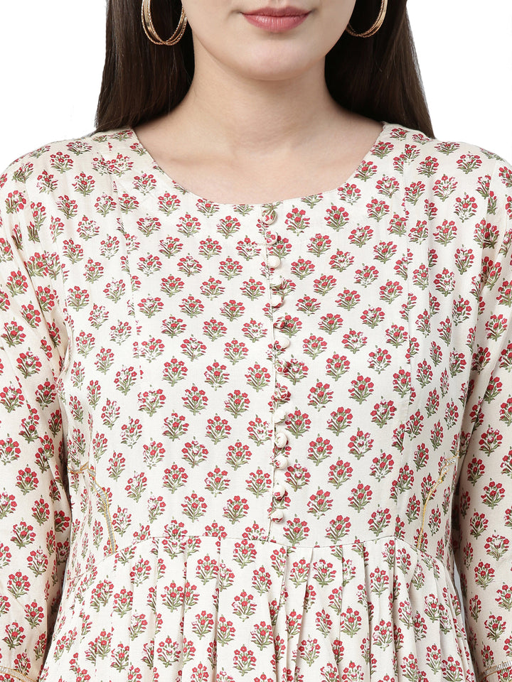 Neerus Beige floral printed anarkali kurta - detail view 2