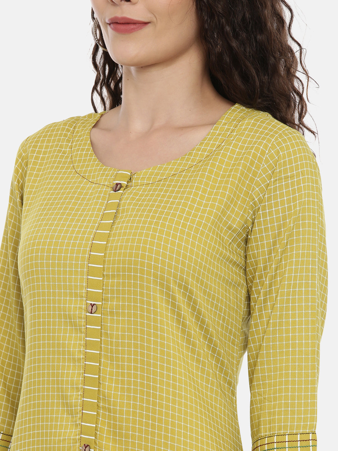 Neerus Green cotton checked A-line kurta - detail view 1
