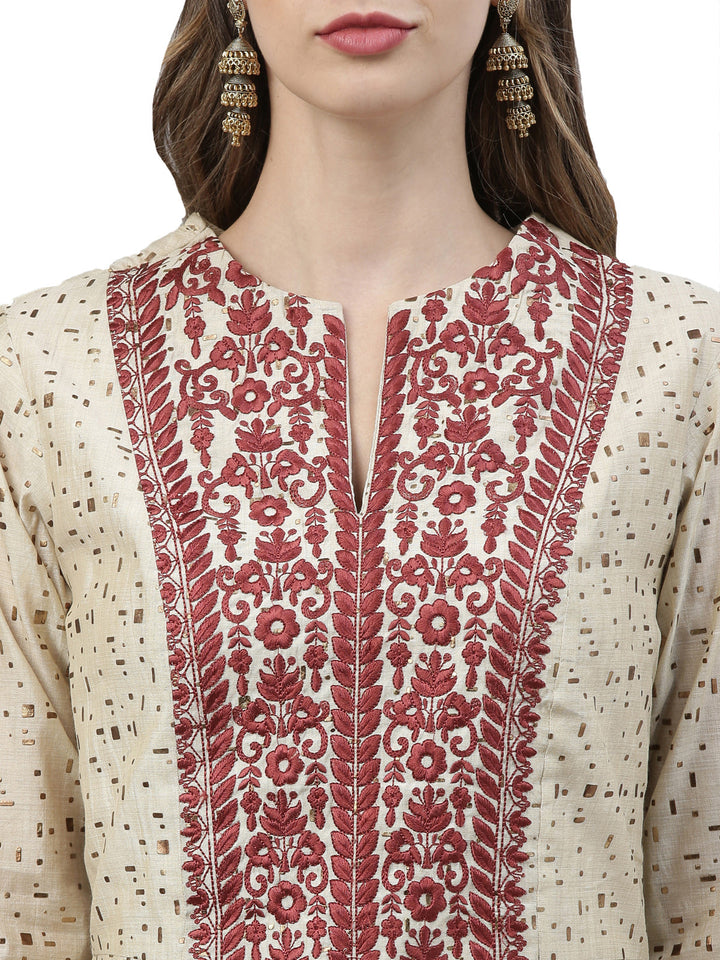 Neerus Beige printed suit set with trousers and dupatta - detail view 2