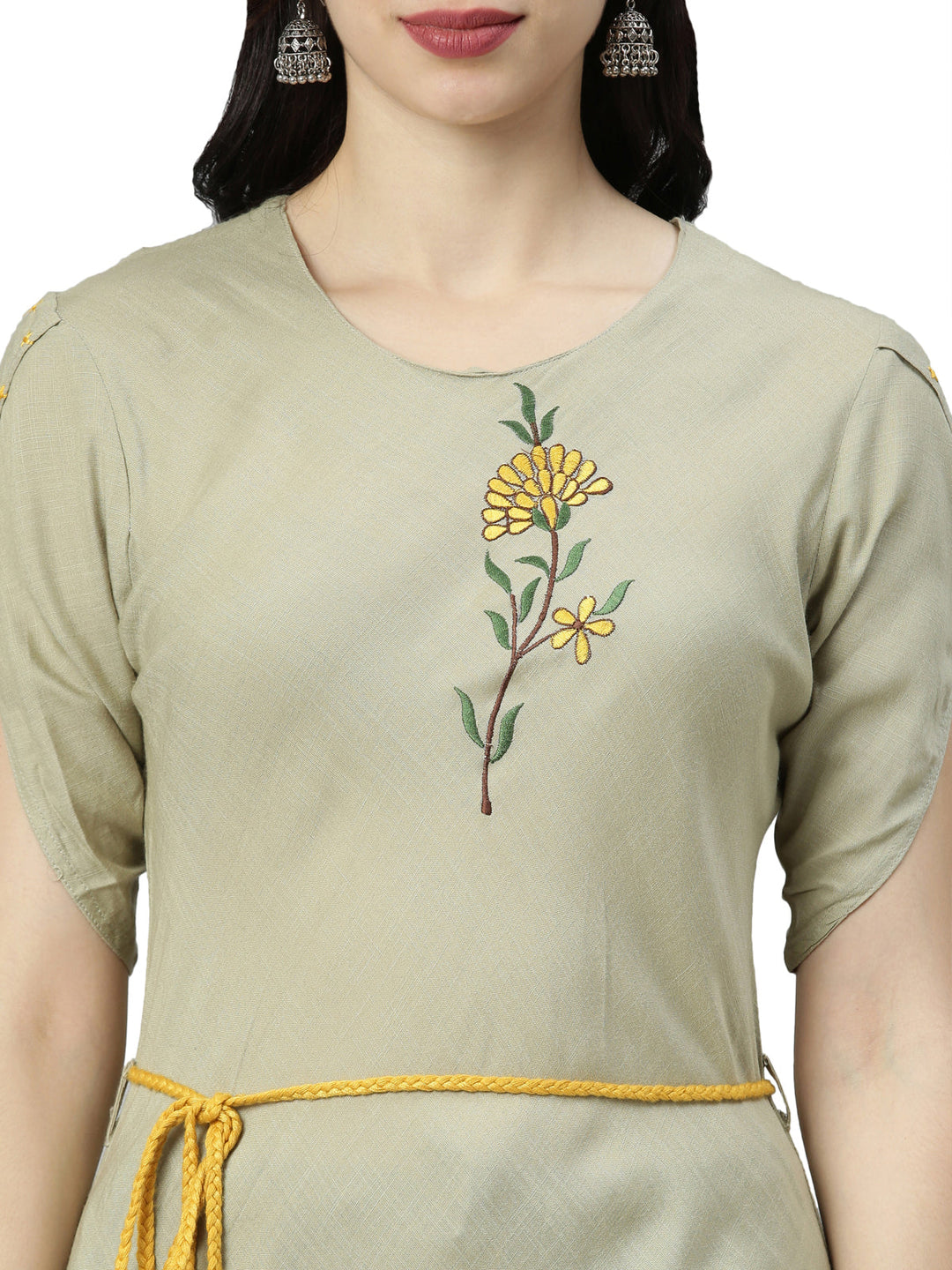 Neerus Green rayon thread embroidered kurti - detail view 2