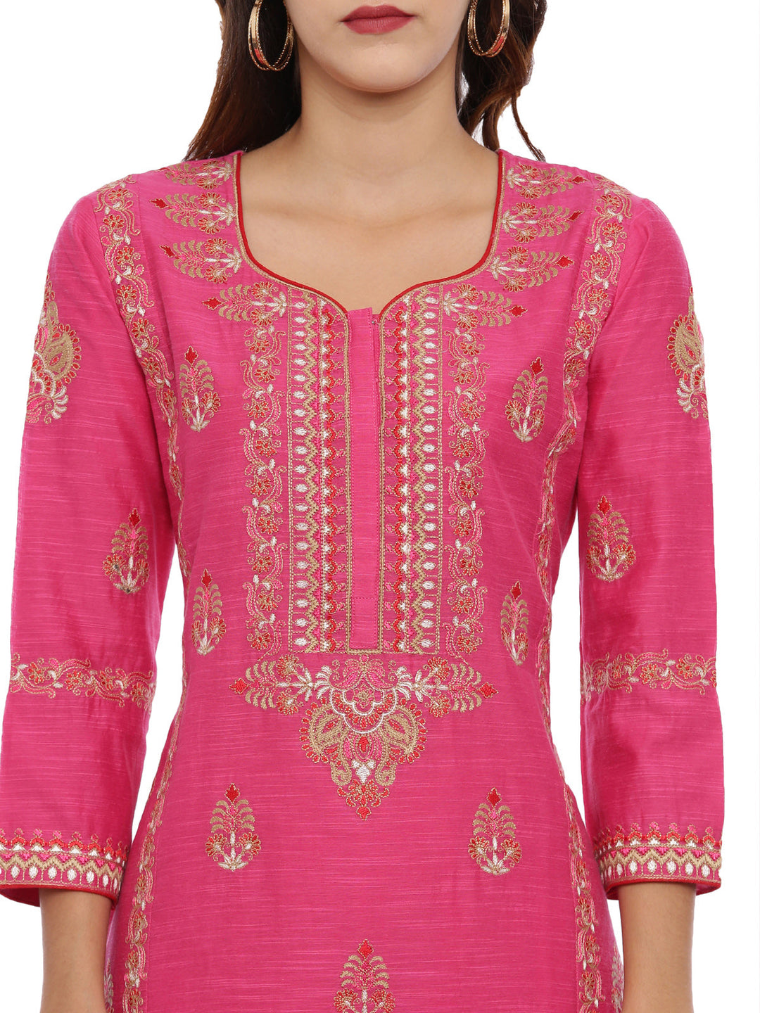Neerus Pink embroidered suit set with churidar and dupatta - detail view 1