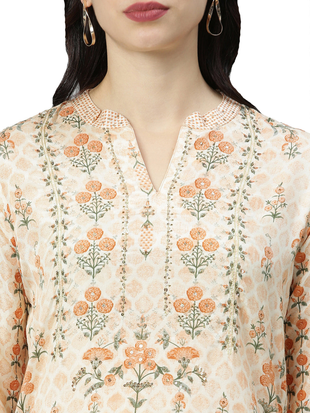 Neerus Beige shantoon printed floral kurti - back view