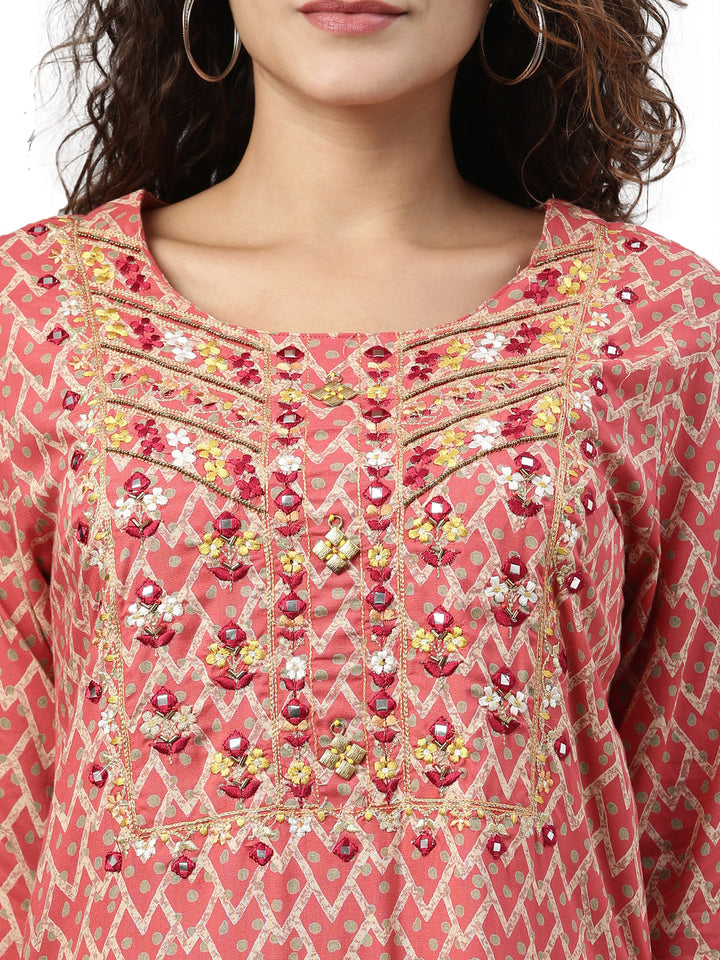 Neerus Red mirror work printed kurta - detail view 1