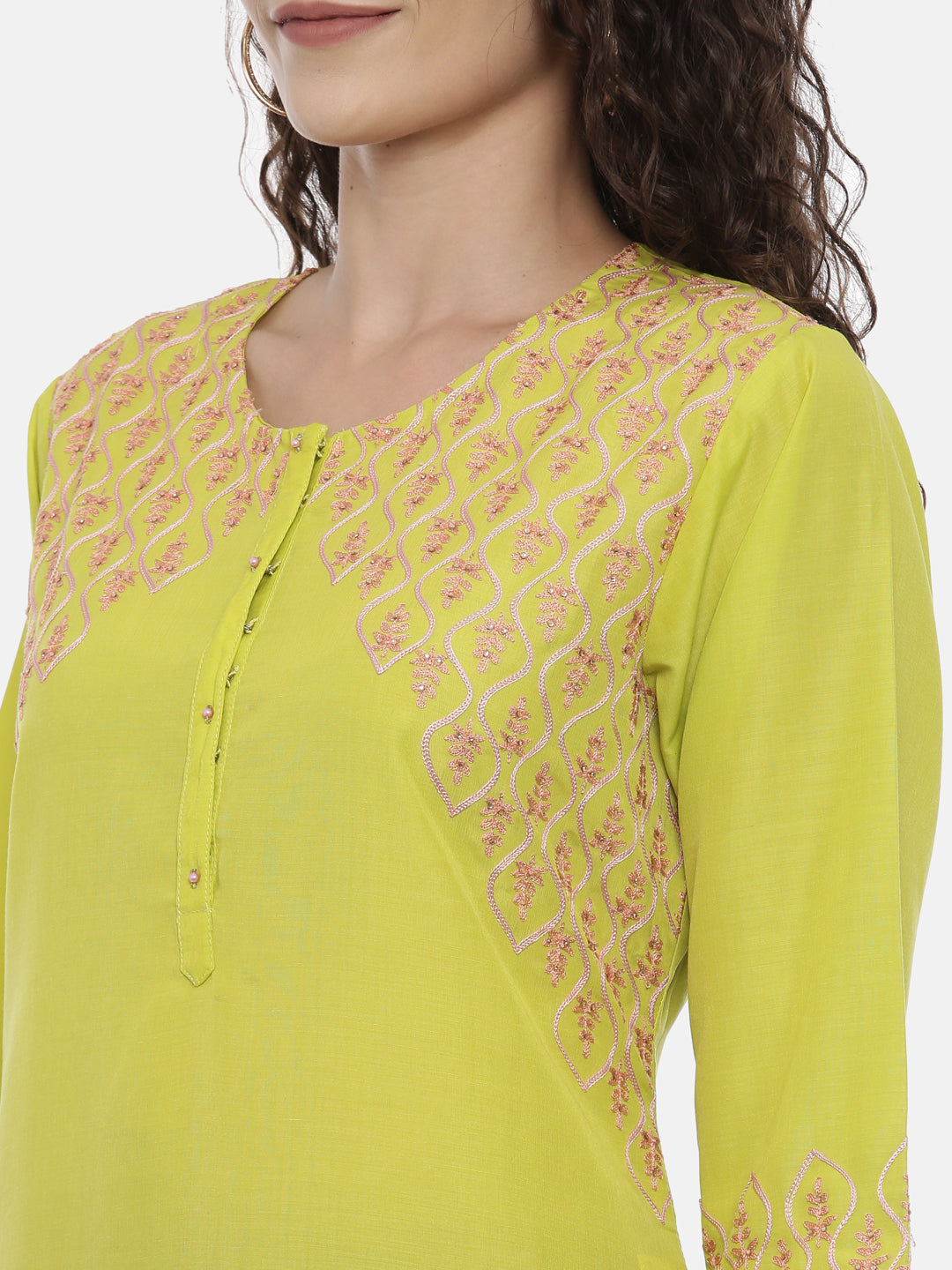 Neerus Yellow rayon thread embroidered kurti - detail view 1