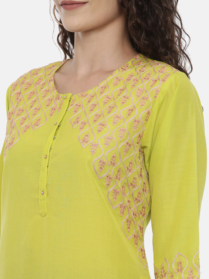 Neerus Yellow rayon thread embroidered kurti - detail view 1