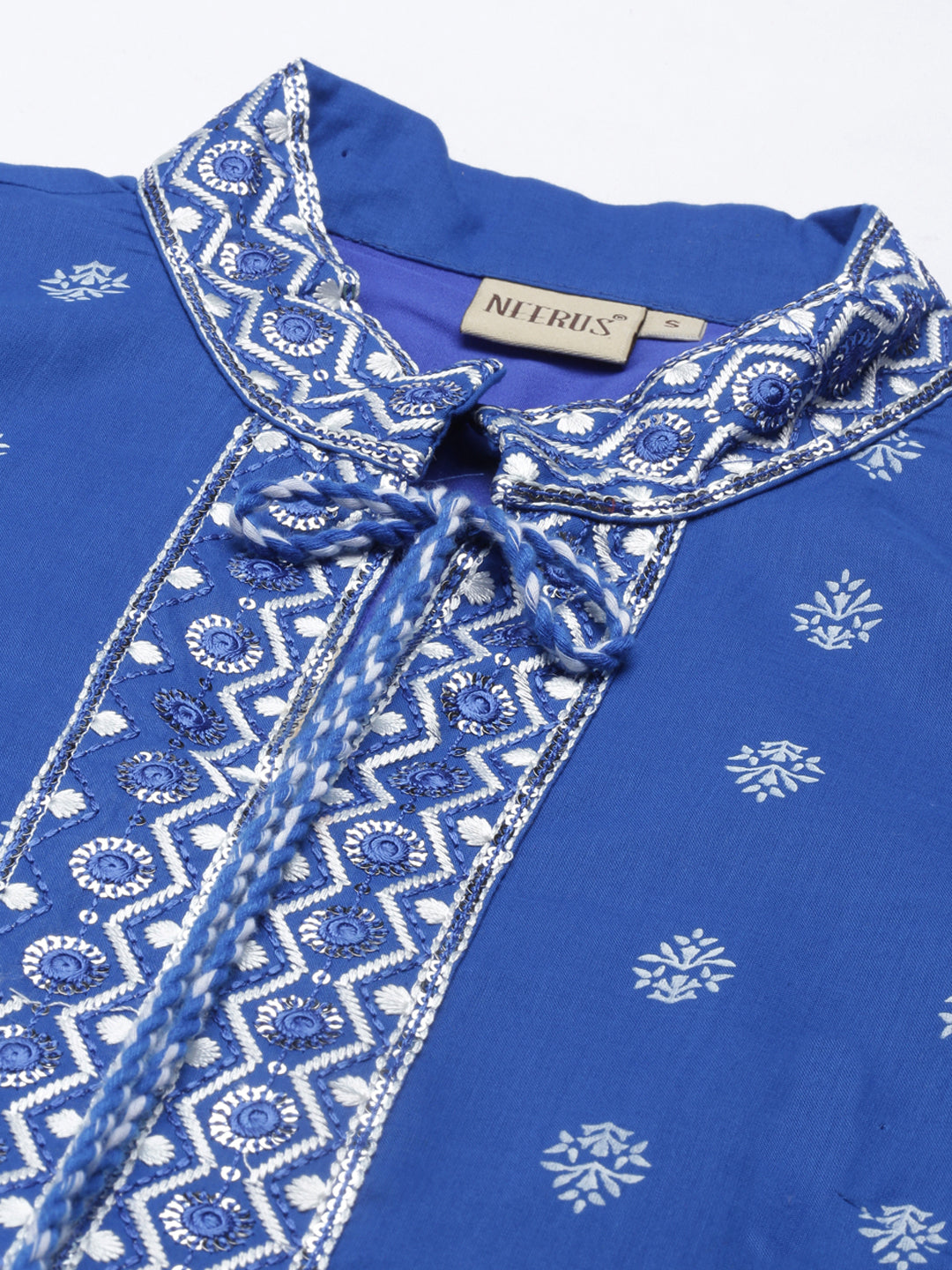 Neerus Blue cotton thread embroidered anarkali kurta - detail view 1