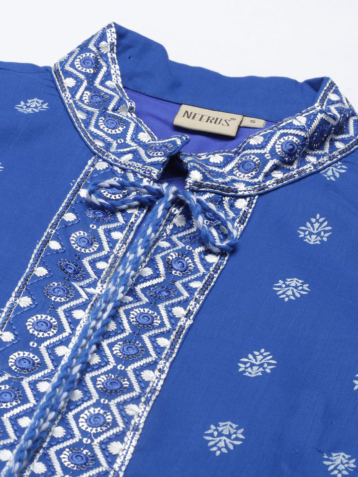 Neerus Blue cotton thread embroidered anarkali kurta - detail view 1