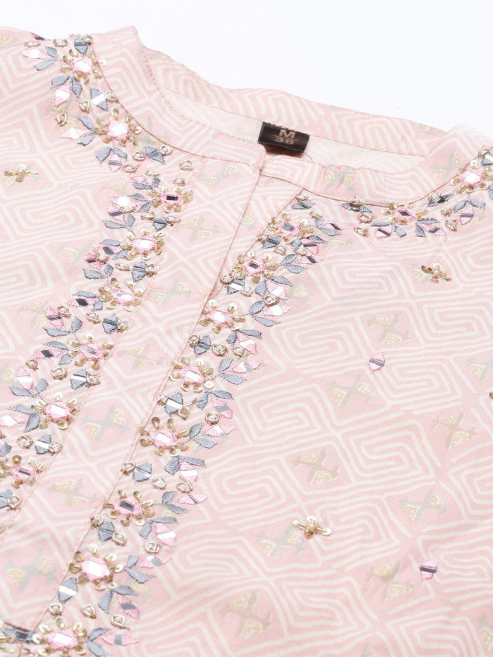 Neerus Pink printed mirror work kurta set - detail view 2