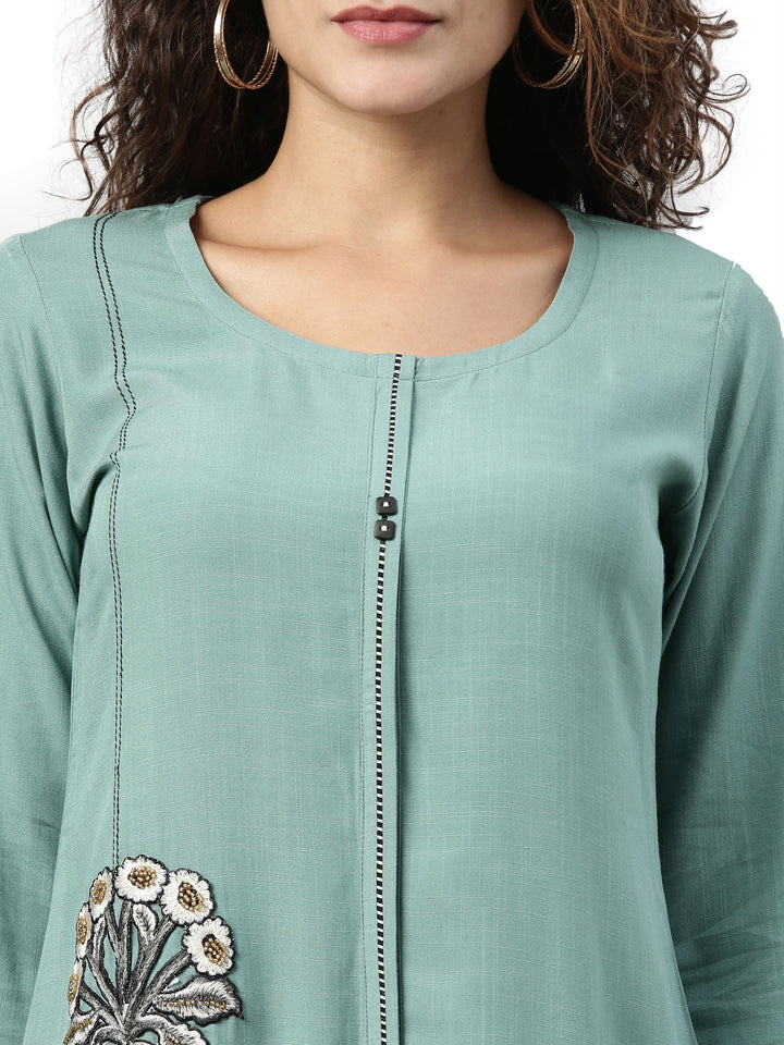 Neerus Blue cotton solid kurti - detail view 2