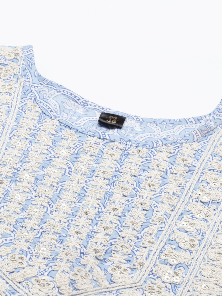 Neerus Blue printed thread embroidered kurta set - detail view 1