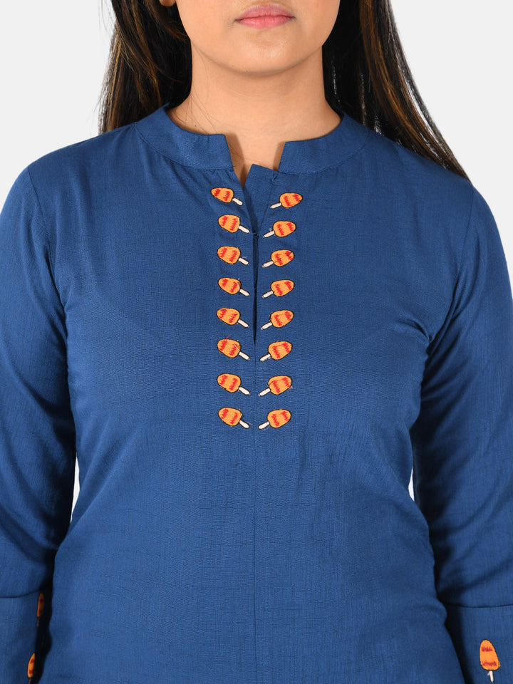 Neerus Blue solid straight kurta - detail view 1