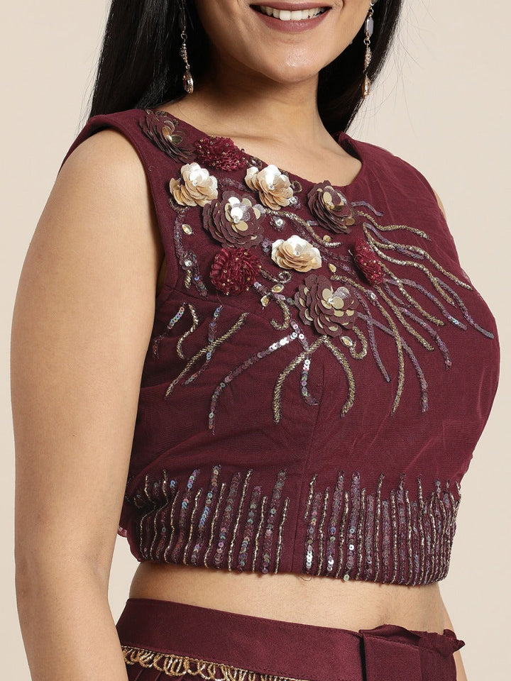 Neerus Maroon georgette solid saree with blouse - back view