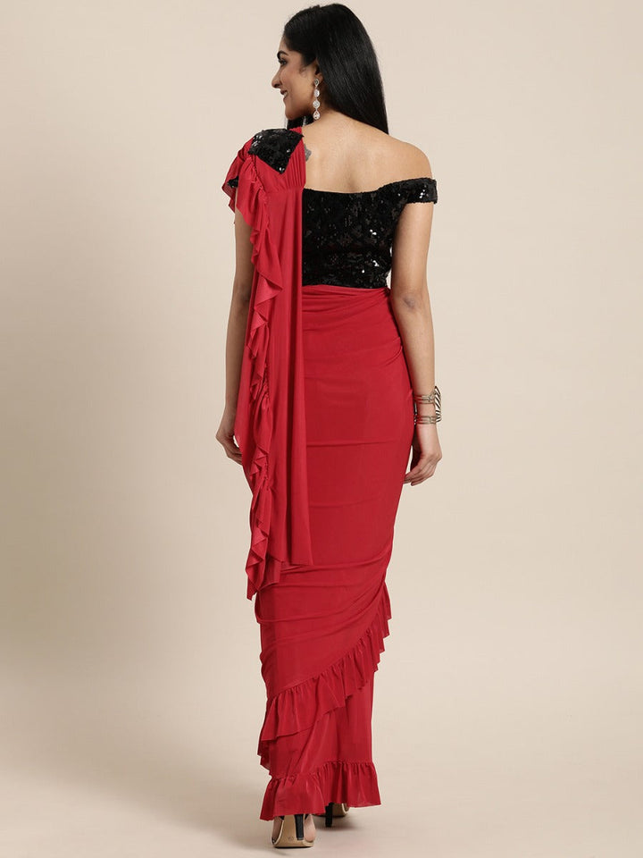 Neerus Red solid ready to wear saree with blouse - back view