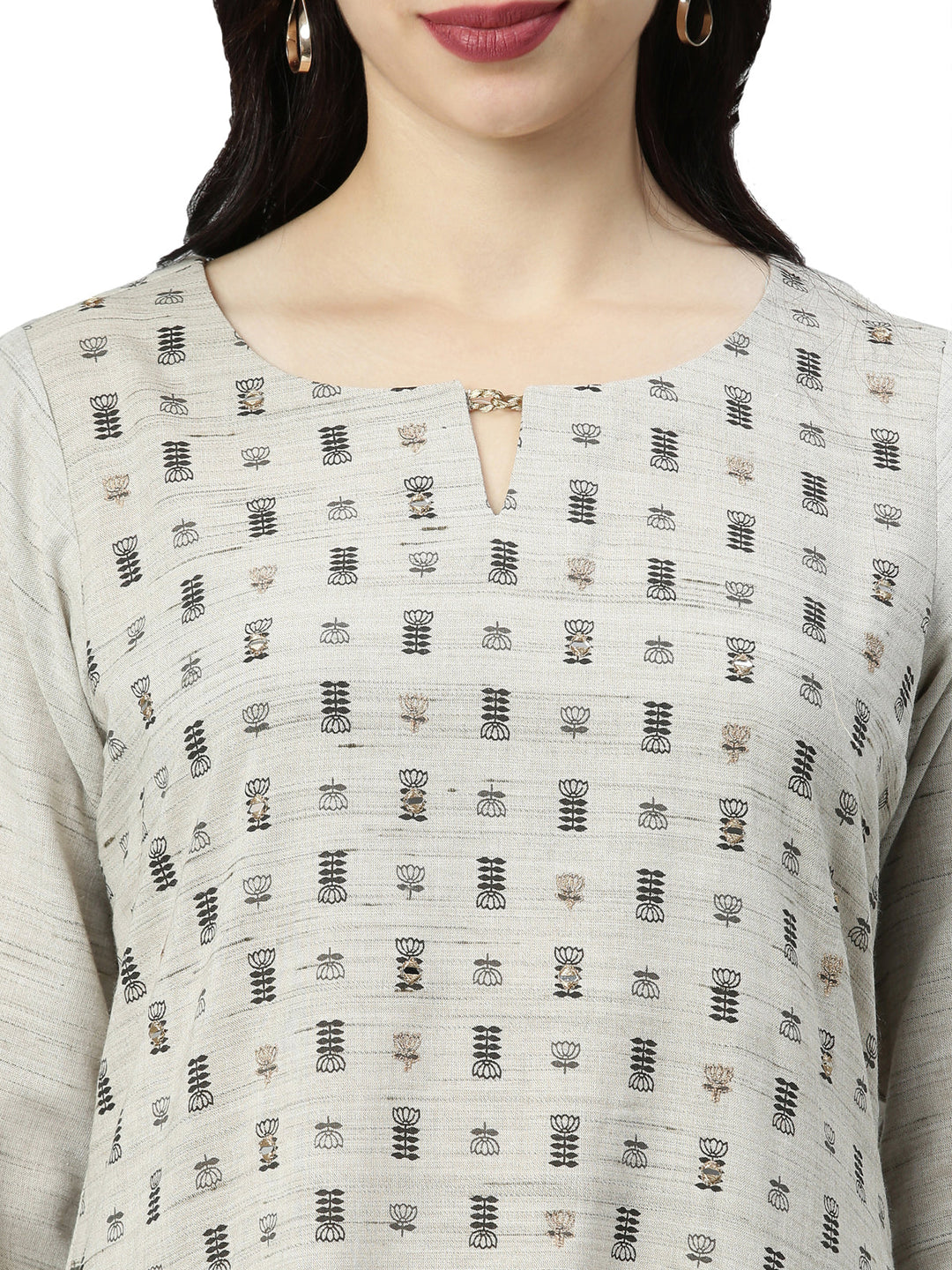 Neerus Grey printed ethnic kurta keyhole neck - detail view 2