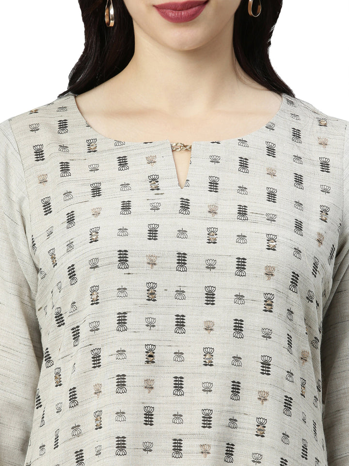 Neerus Grey printed ethnic kurta keyhole neck - detail view 2