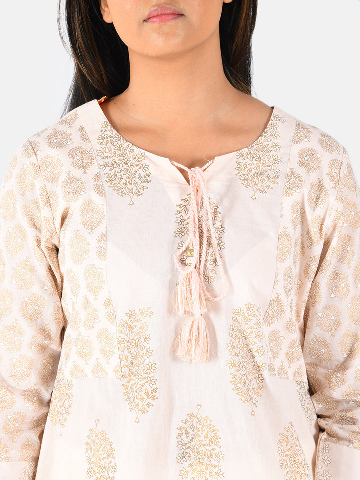 Neerus Orange cotton printed A-line kurti - detail view 1
