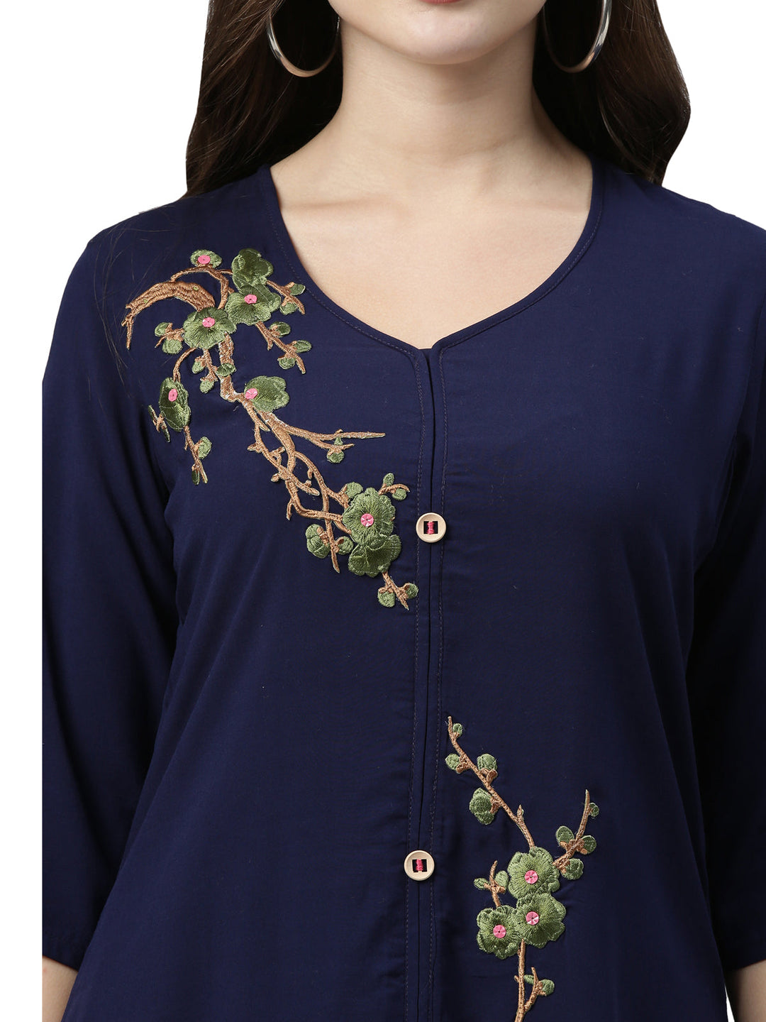Neerus Blue embroidered floral A-line kurta - detail view 1