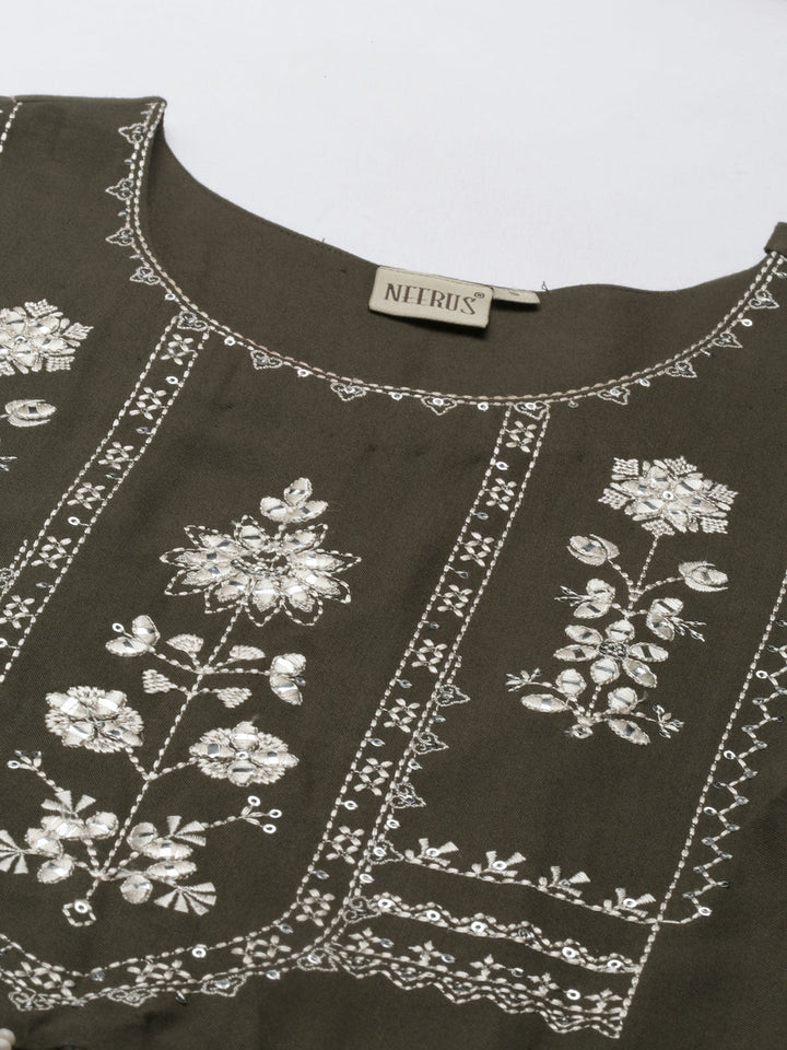 Neerus Green thread embroidered anarkali kurta - detail view 1