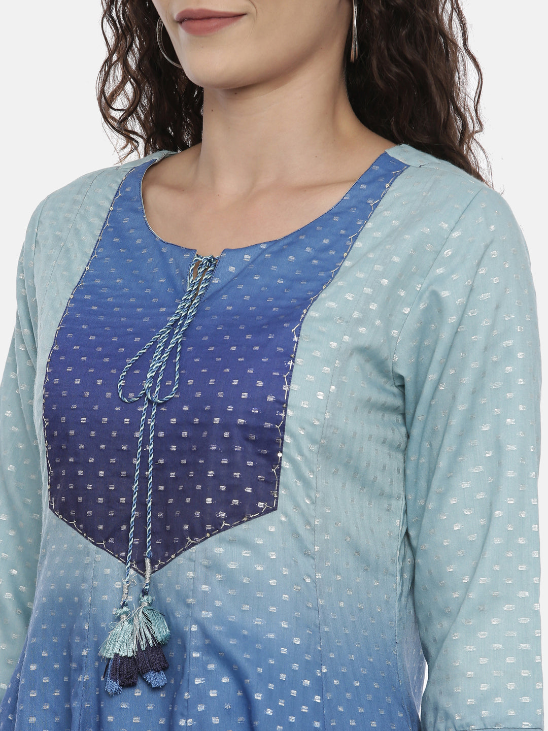 Neerus Blue viscose rayon printed Anarkali kurti - detail view 1