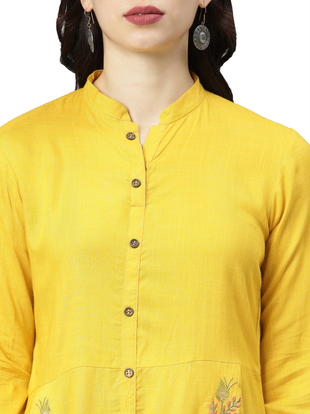Neerus Yellow cotton solid kurti - detail view 2