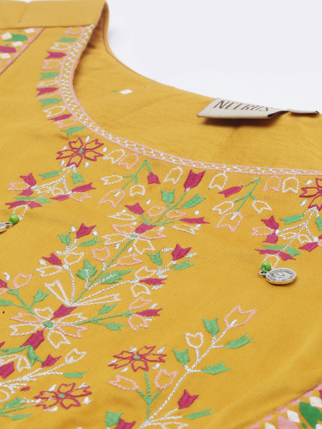 Neerus Yellow cotton embroidered kurta - detail view 1