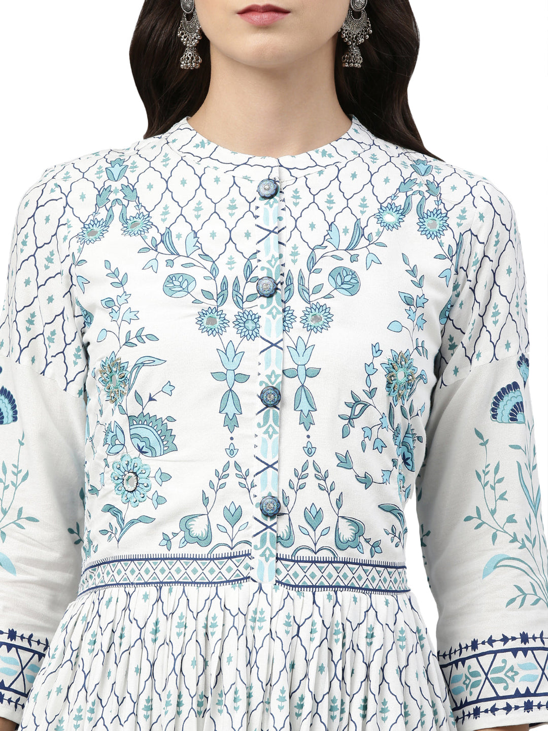 Neerus White floral mirror work anarkali kurta - detail view 2