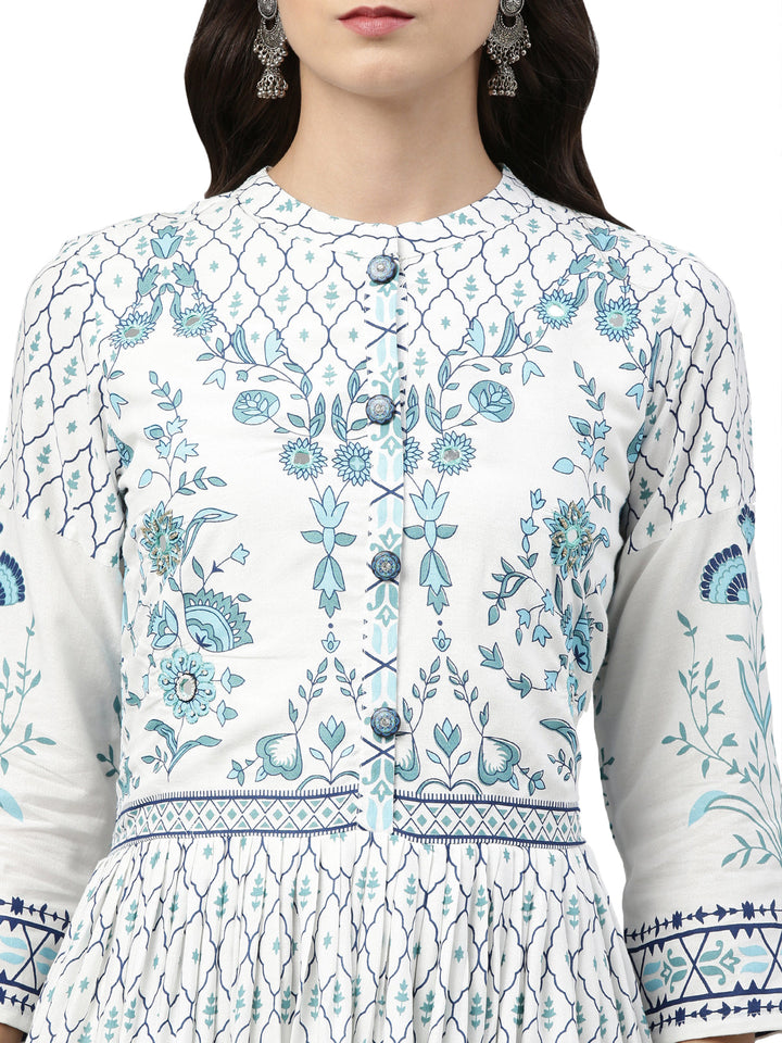 Neerus White floral mirror work anarkali kurta - detail view 2