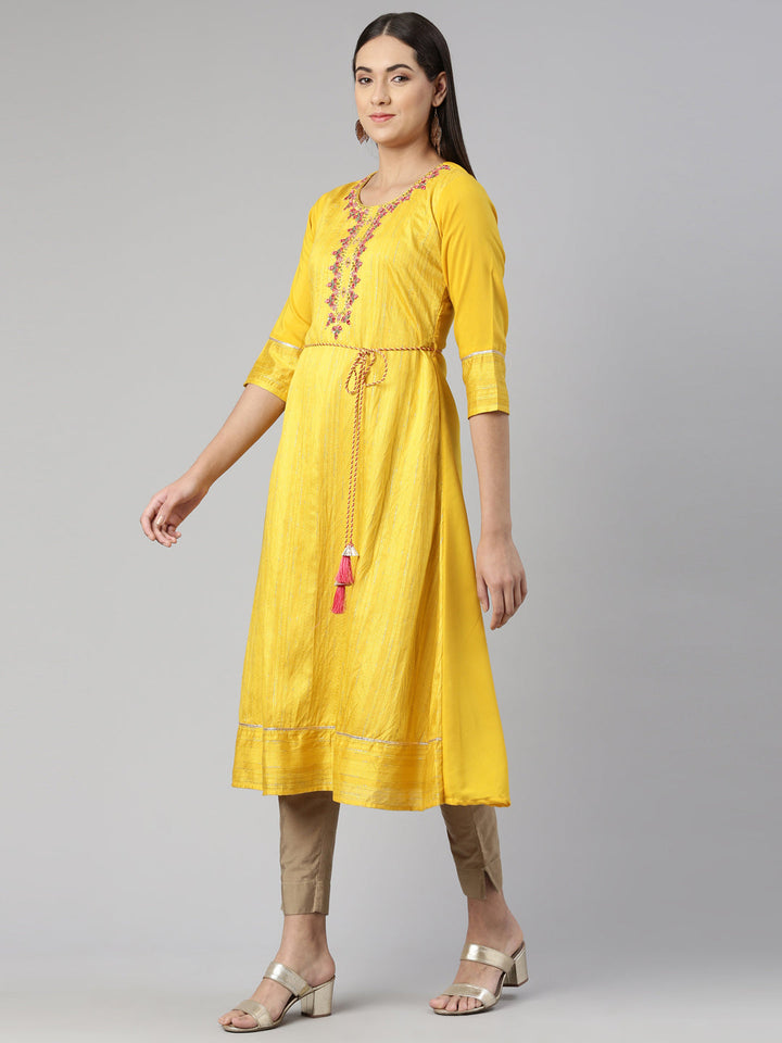 Neerus Yellow cotton embroidered anarkali kurta - back view