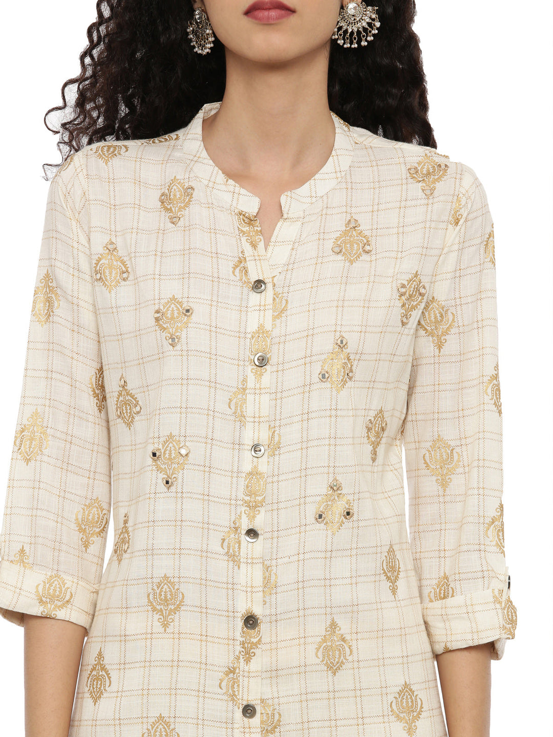 Neerus Beige cotton thread embroidered kurti - detail view 1