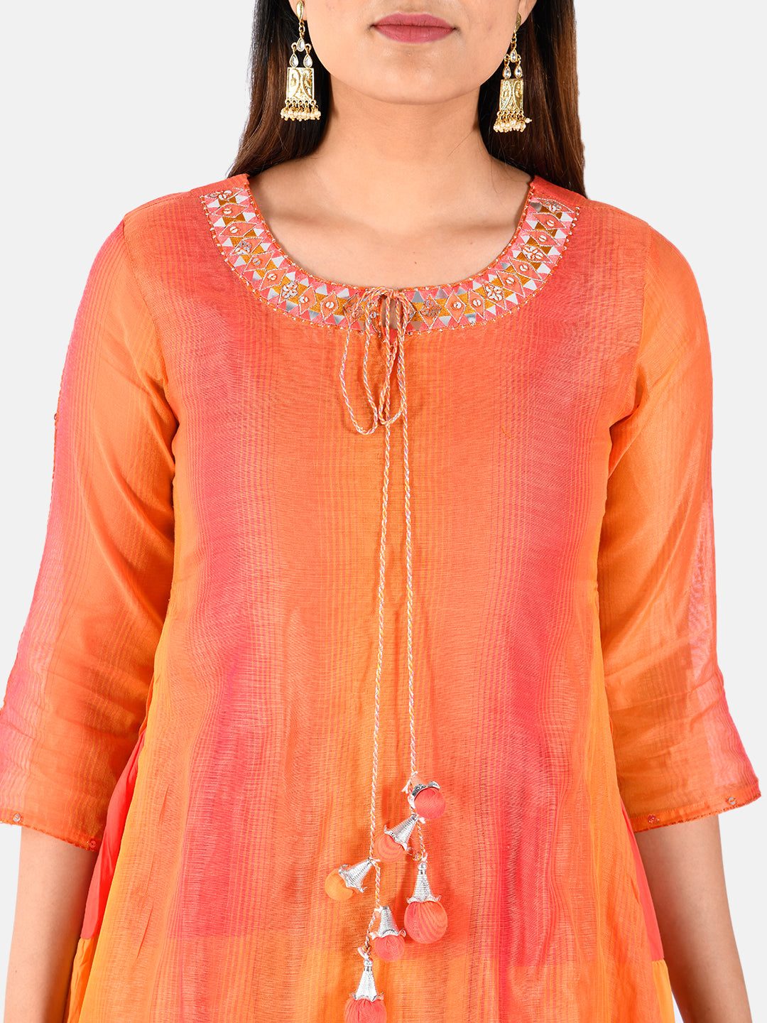 Neerus Orange Chanderi A-line layered kurti - detail view 1