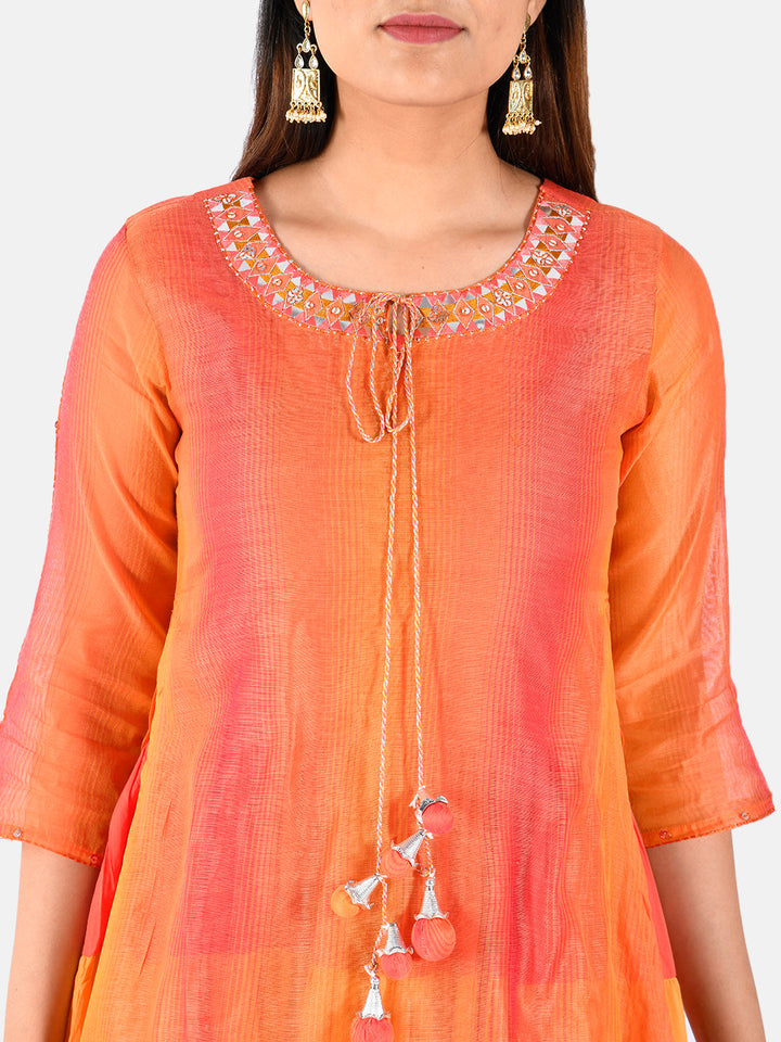 Neerus Orange Chanderi A-line layered kurti - detail view 1
