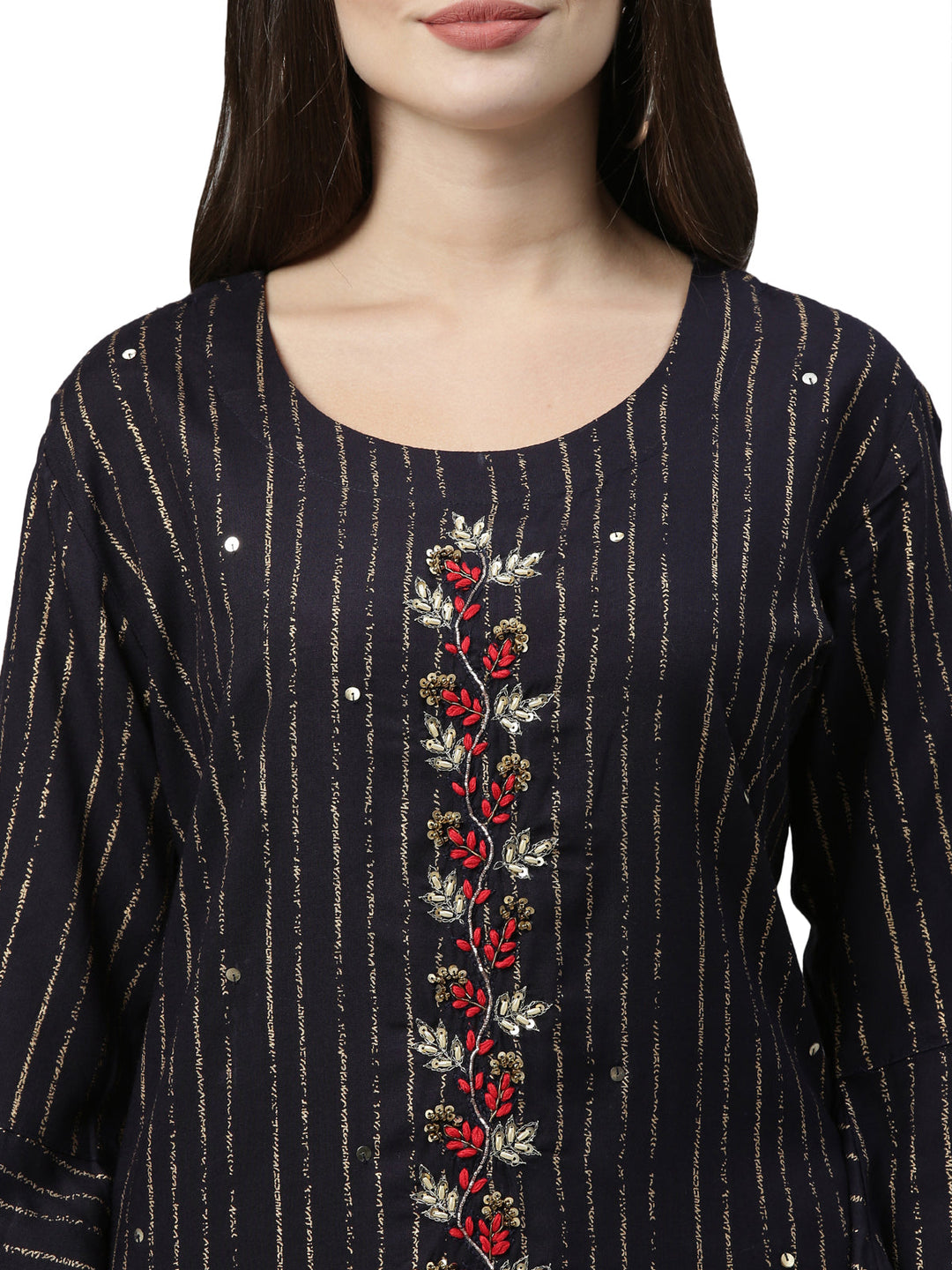 Neerus Blue striped printed rayon kurti - detail view 2