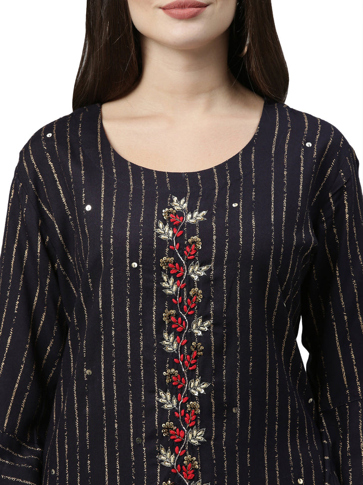 Neerus Blue striped printed rayon kurti - detail view 2