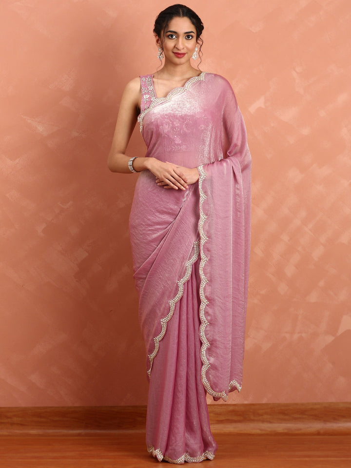 Neerus Pink tissue embellished saree with stones and cut dana embroidery - front view