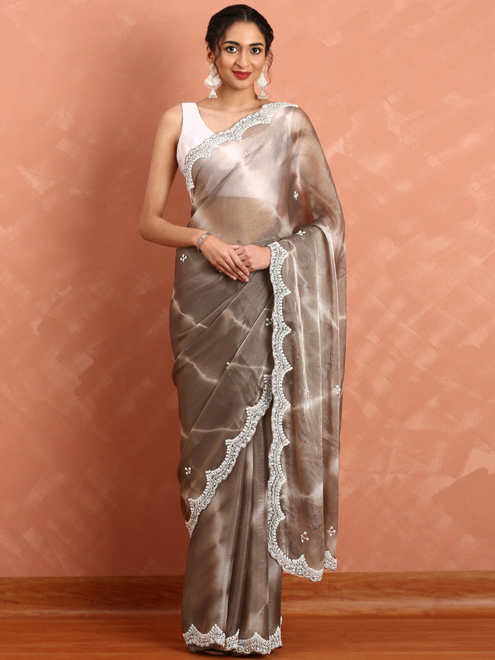Neerus Grey organza hand embroidered saree - front view