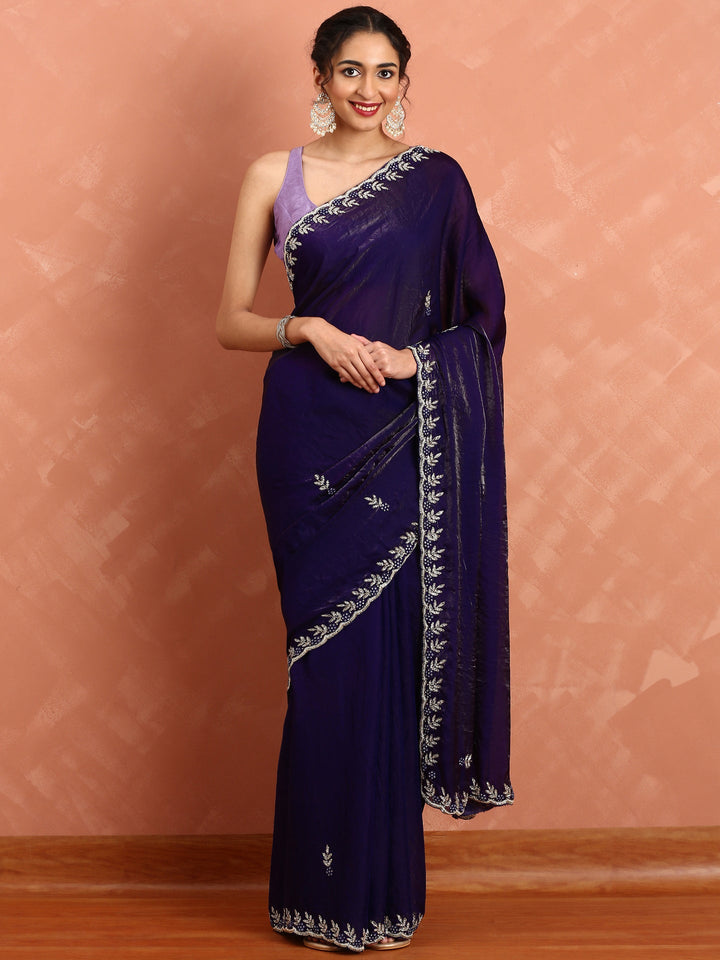 Neerus Purple tissue hand embroidered saree - front view