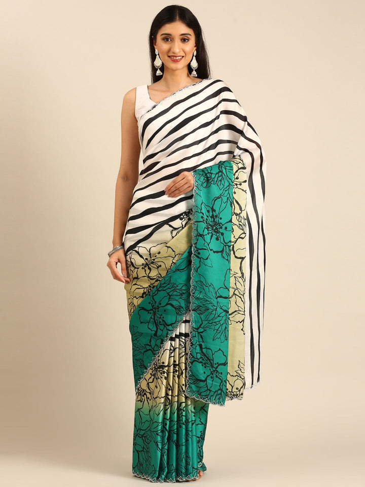 Neerus Green satin embellished saree - front view
