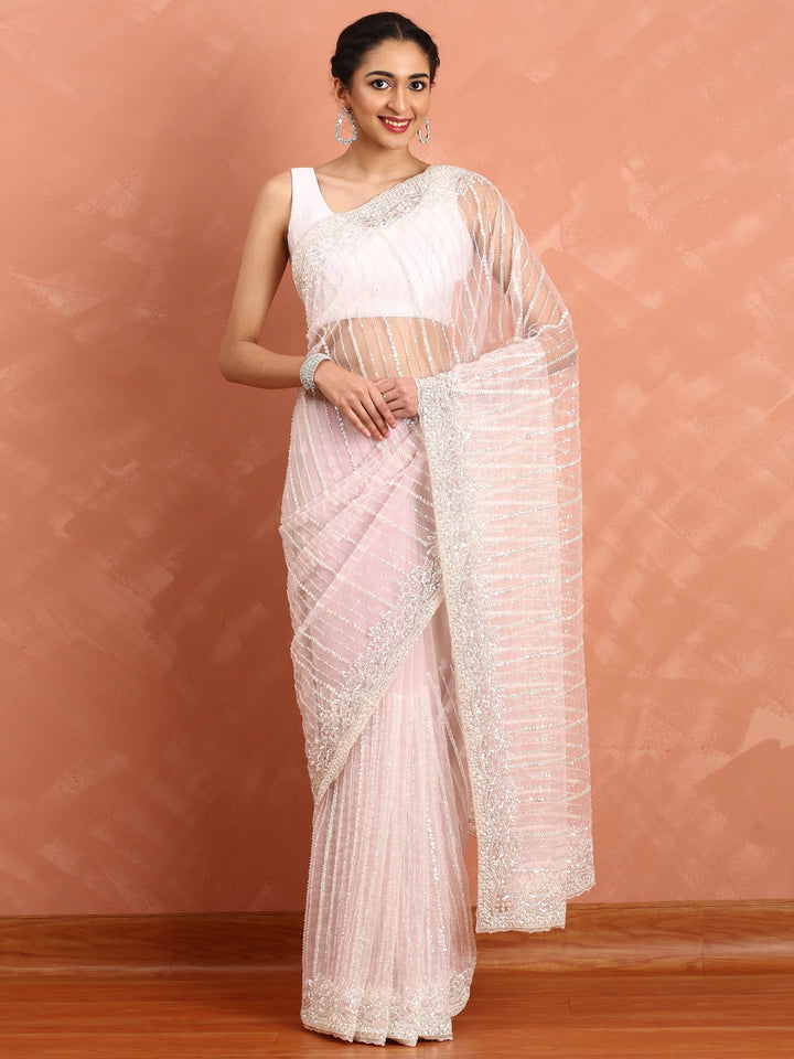 Neerus Pink net hand embroidered saree - front view