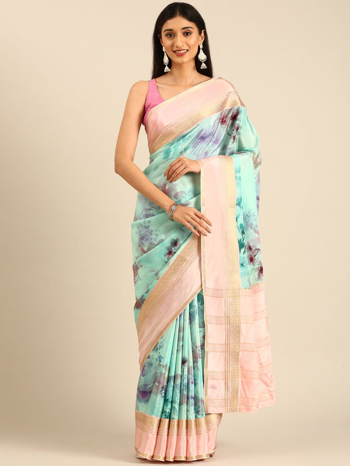 Neerus Blue Crepe Woven Saree with Zari Border - front view