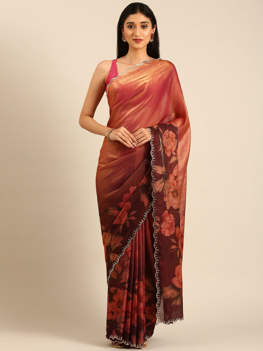 Neerus Gold tissue embellished saree with floral print - front view