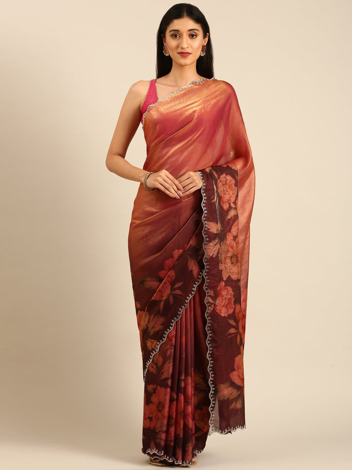 Neerus Gold tissue embellished saree with floral print - front view