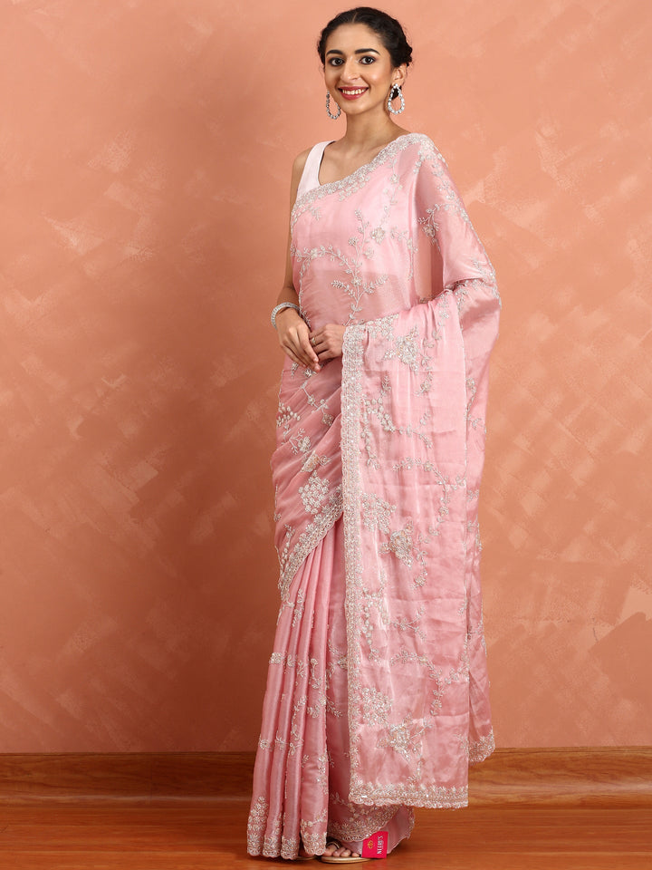Neerus Pink satin hand embroidered saree - detail view 1