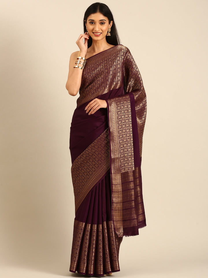 Neerus Maroon crepe woven saree with zari jaal border - front view