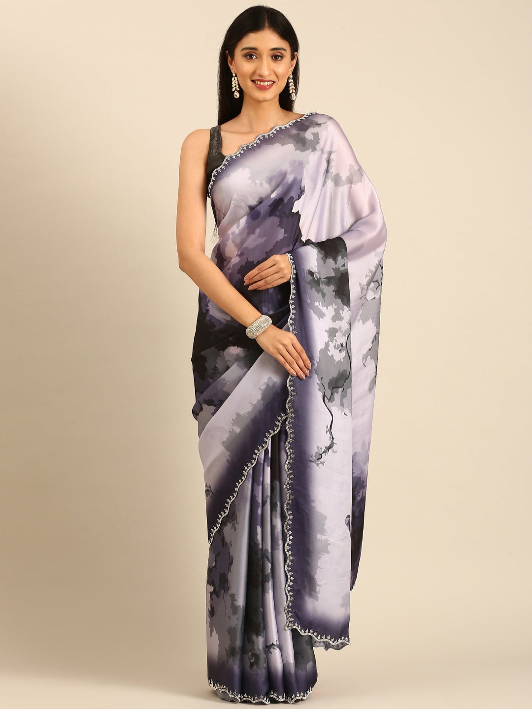 Neerus Satin embellished printed saree - front view