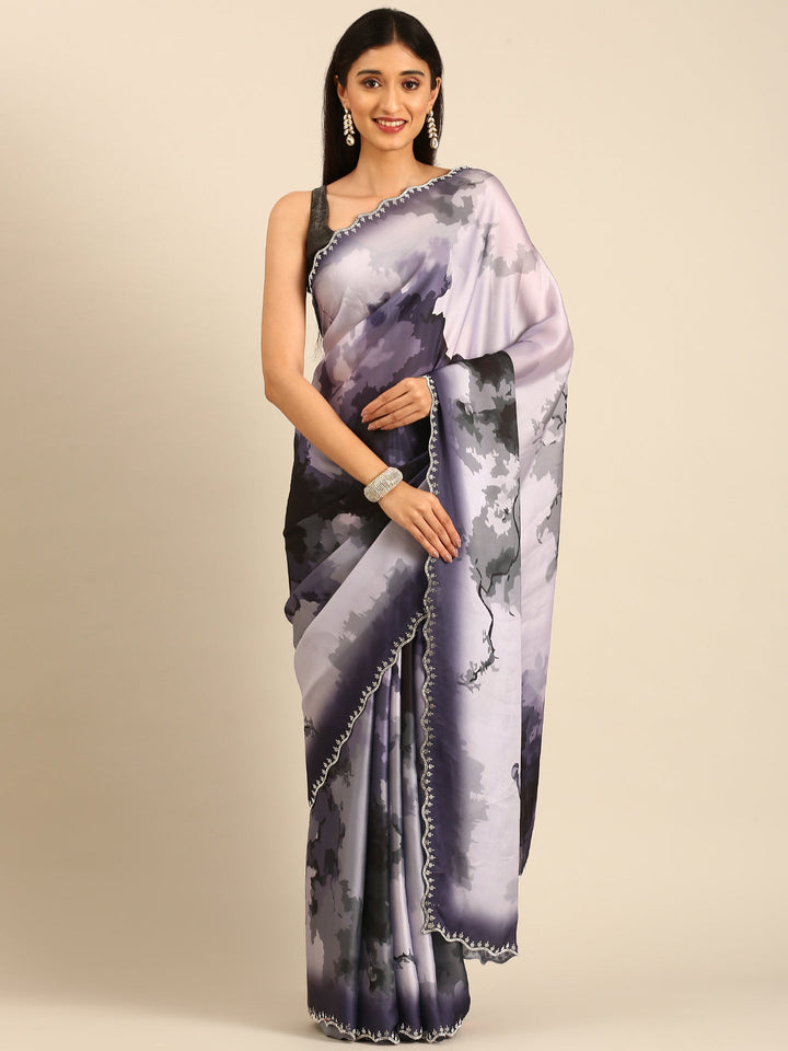 Neerus Satin embellished printed saree - front view