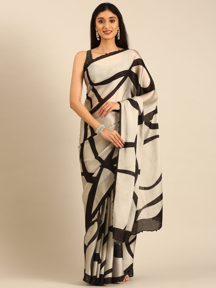 Neerus Black satin embellished saree printed - front view